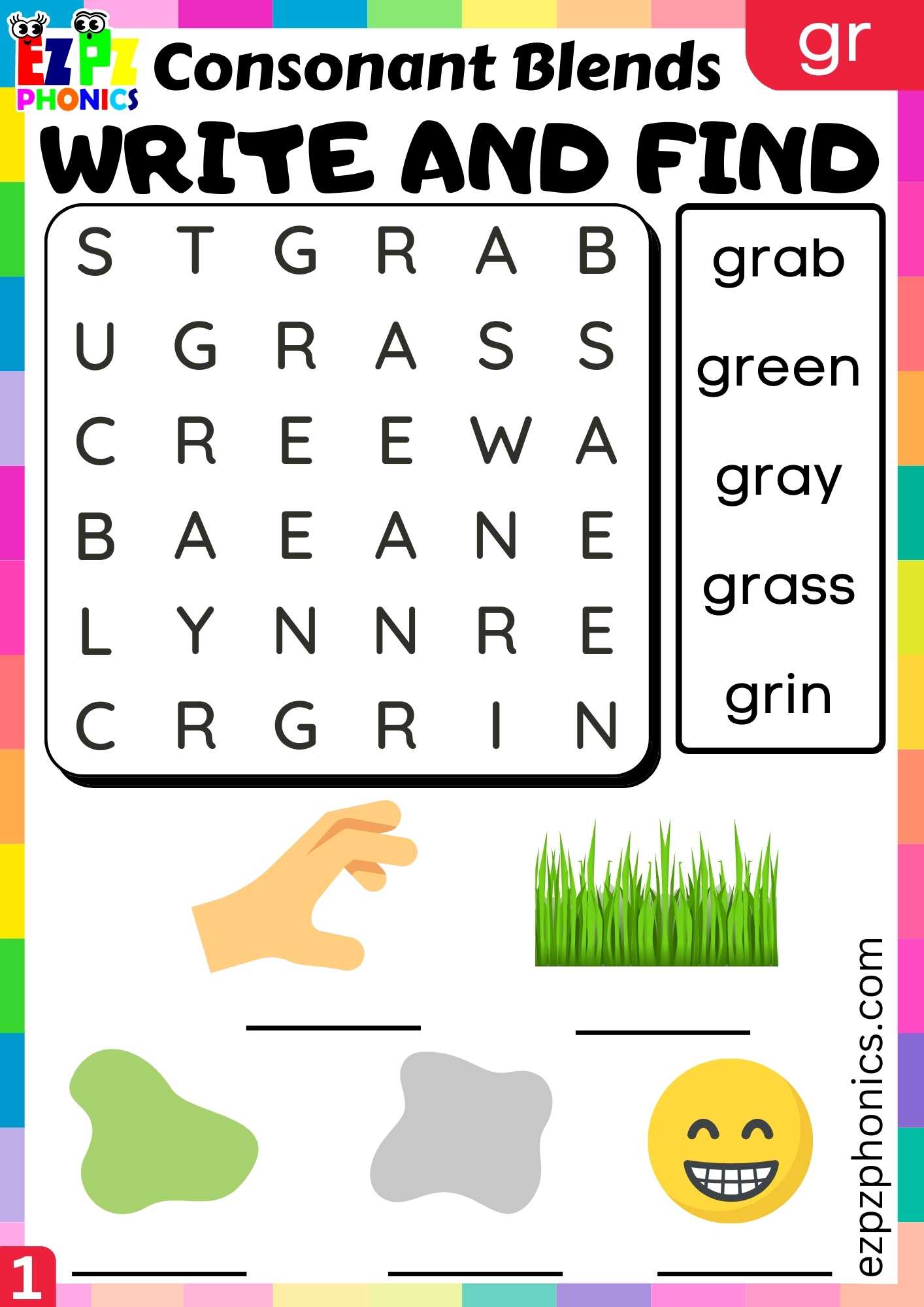 Group1 GR Words Write And Find Phonics Consonant Blends Worksheet
